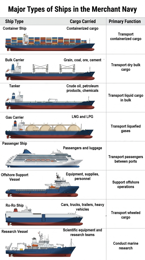 Major Types of Ships in the Merchant Navy. Generated by Google Gemini Nano Banana 2, 2026. AI-generated illustration. No license applicable.